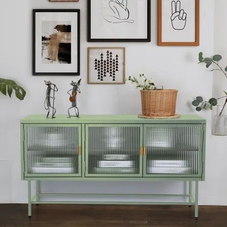 Latitude Run® Glass Sideboard Storage Cabinet Console Table With 3 Doors, Light Green | Wayfair Green Tv Stand, Glass Entertainment Center, Display Cupboard, Console Tv Stand, Functional Tv Stand, Grey Tv Stand, Console Tv, Tv Table, Removable Shelves