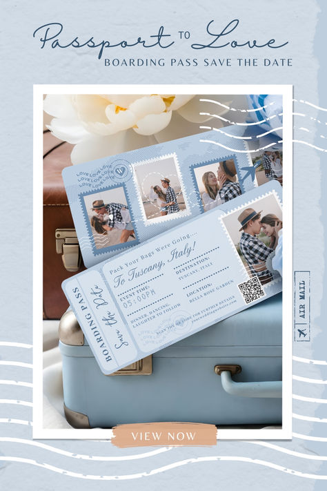 DESTINATION WEDDING BLUE BOARDING PASS PLANE TICKET INVITATION Plane Ticket Invitation, Destination Wedding Save The Date, Boarding Pass Invitation, Plane Ticket, Ticket Invitation, Wedding Blue, Graduation Invitation, Travel Diy, Event Details