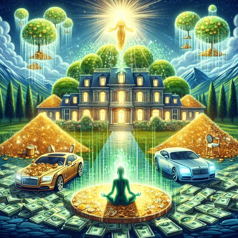 "Visualize your way to wealth with our image of a person manifesting opulence. Radiant energy flows from their meditation, bringing forth a mansion, luxury cars, and cascades of gold and cash. #WealthManifestation #LawOfAttraction #Abundance #Prosperity #Visualization #MindPower. Learn more here: [link]" Wealth Prosperity Abundance, Abundance Images, Money Flow, Star Seed, Lucky Wallpaper, Abundance Manifestation, Wealth Manifestation, A Mansion, Radiant Energy