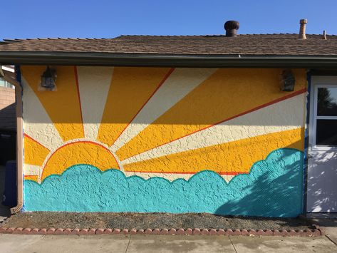 Pool Wall Painting Ideas, Mural Outside Of House, Easy Outdoor Mural Ideas Diy, Pool Mural Outdoor Wall Art, Corner Sun Wall Mural, Boho Murals Wall Art, Abstract Outdoor Mural, Yard Wall Painting Ideas, Patio Wall Paint Ideas