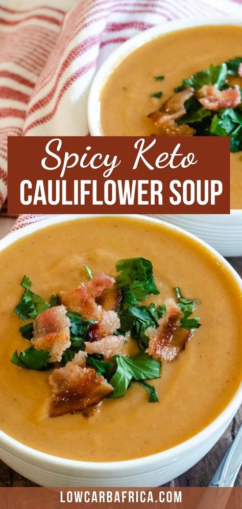 This creamy, spicy, and healthy cauliflower soup is just what you need to warm you and leave you feeling cozy! It is made with cauliflower, coconut milk, and aromatic spices and is ready in just 30 minutes! #cauliflowersoup #healthysoup #lowcarb #keto #ketosoup #glutenfree #sugarfree Healthy Cauliflower Soup, Spicy Cauliflower Soup, Cauliflower Soup Healthy, Soup Low Carb, Cauliflower Soup Recipe, Spicy Cauliflower, Keto Appetizers, Cauliflower Soup Recipes, Keto Soup