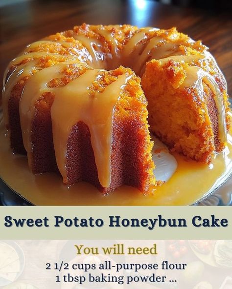 Sweet Potato Bundt Cake Recipe, Sweet Potato Bundt Cake, Honeybun Cake, Sweet Potato Cake, Bundt Cake Recipe, Brown Sugar Glaze, Vegetarian Cake, Sugar Glaze, Warm Cake