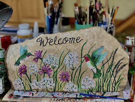 painting rocks! | Large Welcome sign. | Facebook Painted Rock Welcome Sign, Welcome Rocks Painted, Welcome Rock Painting, Large Welcome Sign, Painted Rocks Diy, Painting Rocks, Rock Painting Designs, Xmas Presents, Rock Garden