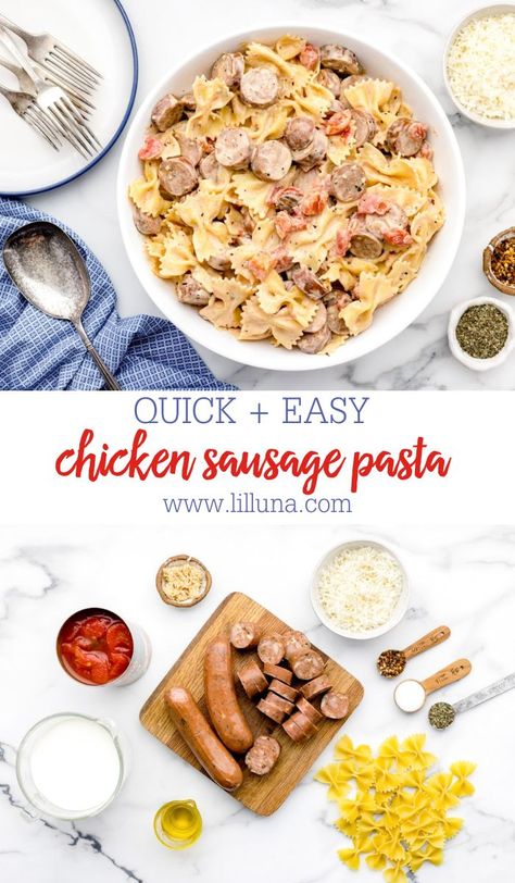 Creamy chicken sausage pasta is a quick and simple dinner dish that is on the table in no time. It's a family favorite! #chicken #sausage #pasta #sausagepasta #dinner Apple And Gouda Chicken Sausage, Costco Chicken Sausage Recipe, Italian Chicken Sausage Recipes, Chicken Apple Sausage Pasta, Apple Sausage Pasta, Chicken Sausage Recipes Pasta, Easy Dinner Dishes, Italian Stew, Chicken Sausage Recipes