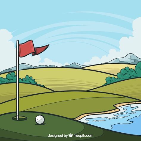 Free vector golf course background in ha... | Free Vector #Freepik #freevector #golf-flag #golf-hole #golf-background #golf-course Cartoon Golf Course, Golf Cartoon Drawing, Golf Drawing Easy, Golf Animation, Golf Course Drawing, Golf Backgrounds, Golf Silhouette, Golf Illustration, Golf Drawing