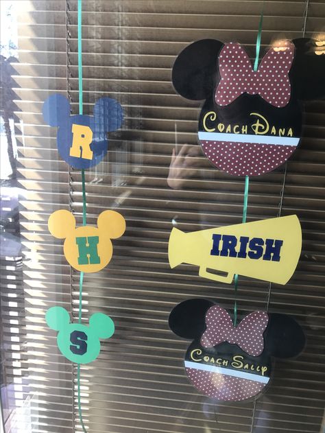 Disney window display for National cheer competition at Walt Disney World! Made with cricut using paper and vinyl. Cheer Competition Window Decorations, Cheer Window Decorations, Cheer Disney, Disney Window Decoration, Cheer Decor, Dance Signs, Cheer Summit, Dance Nationals, Cheer Crafts