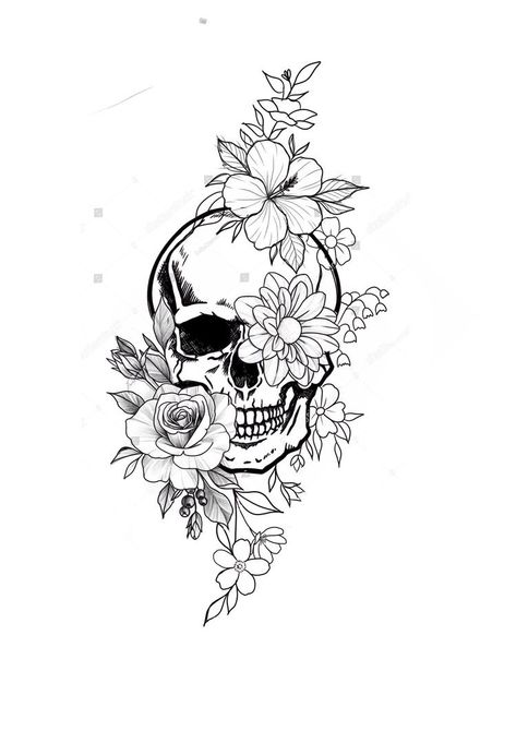 Dark Girly Tattoo Ideas, Simple Skull And Flower Tattoo, Skeleton With Roses Tattoo, Leg Skull Tattoos Women, Skull Tattoo Leg Woman, Skeleton Sleeve Tattoo Women, Front Of Upper Arm Tattoo, Skull Thigh Tattoos For Women, Womans Skull Tattoos