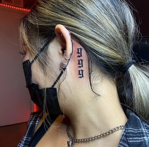 1111 Neck Tattoo, Neck Tattoo Number, 999 Tattoo Behind Ear, Number Tattoo Behind Ear, Tattoo Machine Tattoo, Face Tats, Small Neck Tattoos, Tattoo Ideas Unique, Gallery Tattoo