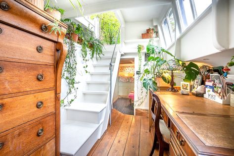 The Nordroom - Tine plant-filled home office on A Bohemian Houseboat in Amsterdam Plant Filled Home Office, Vintage Fridge, Boat House Interior, Houseboat Living, Boat Interiors, Narrow Boat, Amsterdam Canals, Boat Interior, Boat House