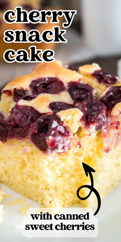 A cherry snack cake with canned cherries! Fluffy and tender vanilla cake topped with sweet cherries makes a from scratch dessert prepped in less than 10 minutes. Canned Cherry Desserts, Sour Cherries Recipes, Desserts With Cherries, Cherry Sweets, Cherries Recipes, Cherry Snacks, Sour Cherry Recipes, Cake With Fruit, Canned Cherries