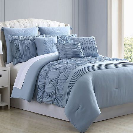 Indulge yourself in spa-like luxury with this 8-piece comforter set. The polyester filling gives just the right fluffiness to this comforter set while the bar tacking details give a more formal finished look. Our luxuriously silky brushed microfiber material is constructed using techniques that include better stitching, stronger weaving, and softer materials, ensuring a durable and soft touch. Fashion meets luxury with this set and is the perfect solution to your decorative and comfort needs.# P Light Blue Comforter, Blue Bed, Blue Comforter Sets, Blue Comforter, King Comforter Sets, Bed In A Bag, Queen Comforter Sets, Bedding Stores, Queen Comforter