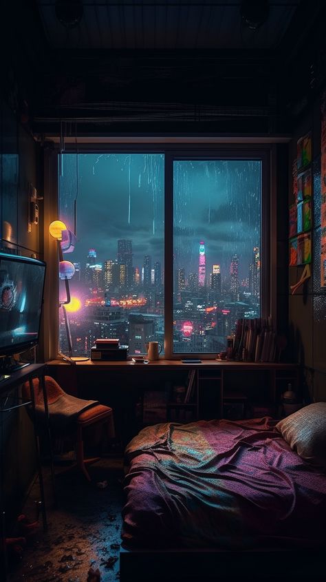 This cyberpunk bedroom interior and cityscape is made using Midjourney. Cozy Cyberpunk Apartment, Cozy Futuristic Bedroom, Cyberpunk Classroom, Cyberpunk Aethstetic, Cyberpunk Bedroom Aesthetic, Cyberpunk Room Aesthetic, Bedroom Cyberpunk, Cozy Cyberpunk, Cityscape Bedroom