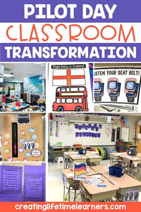 This picture shows a classroom decorated for a pilot classroom transformation day and has decorations to go with it. It shows different country flags and airplane posters placed around the classroom. Detective Room Transformation, Detective Room, Third Grade Fractions, Dinosaur Classroom, Addition Word Problems, First Second Third, Math Blocks, Algebraic Thinking, Classroom Transformation