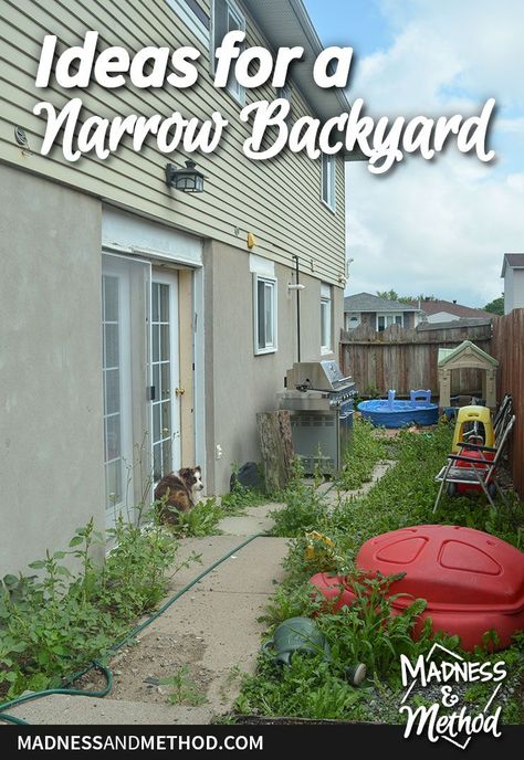 Sharing thoughts and ideas for our narrow backyard. Looking at the different views of this 9x40 space through the seasons and initial plans. Small Narrow Garden Ideas, Side Yards Ideas Narrow, Narrow Patio Ideas, Narrow Backyard, Narrow Backyard Ideas, Concrete Backyard, Backyard Covered Patios, Planting Grass, Yard Ideas Backyard