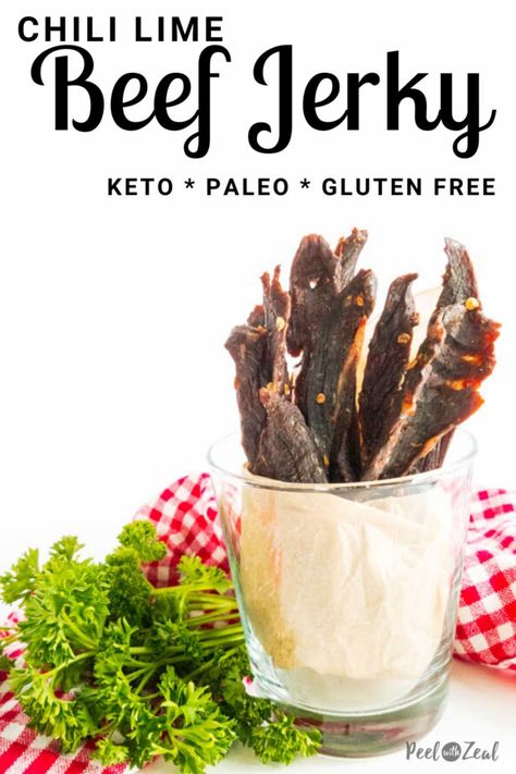 Oven Baked Chili Lime Beef Jerky- Gluten free on the go, low-carb high protein snack. Perfect summer snack that you can make in your oven or with a food dehydrator. This recipe is a little sweet (but sugar free) and a little spicy. Making it perfect for those on a keto or paleo diet. #peelwithzeal #paleosnacks #ketosnacks Keto Beef Jerky Recipe, Beef Jerky Recipe Dehydrator, Jerky Recipes Dehydrator, Jerkey Recipes, Jerky Marinade, Beef Jerky Recipe, Homemade Beef Jerky, Homemade Jerky, Jerky Recipe