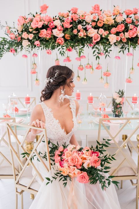 Modern Coral Wedding Inspiration Shoot with Gold, Aqua + White | wedding dresses:  Lea-Ann Belter Bridal  Miranda + Maxine  | images: Laura Clark Photography | planning + design: Express Yourself Weddings + Events | stationary: Elena’s Little Shoppe | beauty: Kroma Salon | desserts: Finespun Cakes + Pastries Apricot Rose Wedding, Gold Hairpiece, Coral Wedding Themes, Laura Clark, Rose Gold Hair Piece, Cakes Pastries, Spring Wedding Colors, Coral Wedding, Peach Wedding