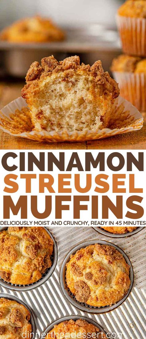 Cinnamon Streusel Muffins are deliciously?moist vanilla cinnamon cakes topped with a crumble made of brown sugar and more cinnamon. #muffins #breakfastmuffins #dessert #streusel #cinnamonstreusel #dinnerthendessert Cinnamon Cakes, Pancakes Cinnamon, Muffins Cinnamon, Dessert Cinnamon, Cinnamon Streusel Muffins, Cinnamon Desserts, Bread Cinnamon, Cake Cinnamon, Rolls Homemade