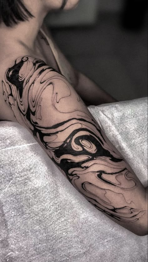 Arm Water Tattoo, Marble Texture Tattoo, Marble Tattoo Sleeve, Japanese Abstract Tattoo, Water Pattern Tattoo, Abstract Ink Tattoo, Mirage Tattoo, Suminagashi Tattoo Ideas, Marbling Tattoo