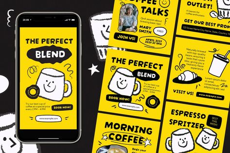 Yellow Quirky Handrawn Coffee Shop Instagram Set, Social Media ft. yellow & handdrawn - Envato Yellow Coffee Shop, Coffee Shop Instagram, 3d Presentation, Yellow Coffee, Template Site, Coffee Enthusiast, Music Design, Premiere Pro, Inspo Board