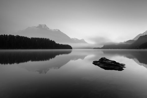 A sunrise with the reflections of mountains and a larch tree forest in Lake Sils (Silsersee, Lej da Segl), a mountain lake in the Alps. Enjoy the Silence - Copyright 2016 Johan Peijnenburg Black And White Landscape Photography, Dark Contemporary, Larch Tree, Night Landscape Photography, Random Photography, Photography Assignments, Villa Interior, Dark Background Wallpaper, Irish Landscape