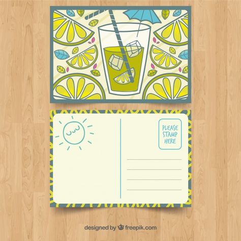 Hand drawn summer card template with lemonade Free Vector Post Card Design Illustration, Back Of Postcard Design, Cute Postcard Design, Postcard Illustration Design, Postcard Back Design, Post Cards Ideas, Postal Card Design, Post Card Design Creative, Postcard Art Ideas