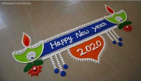 happy new year rangoli Happy New Year Rangoli, Happy Diwali Rangoli, New Year Rangoli, Very Easy Rangoli Designs, Rangoli Designs Photos, Rangoli Designs Simple Diwali, Rangoli Simple, Easy Rangoli Designs Diwali, Rangoli Side Designs