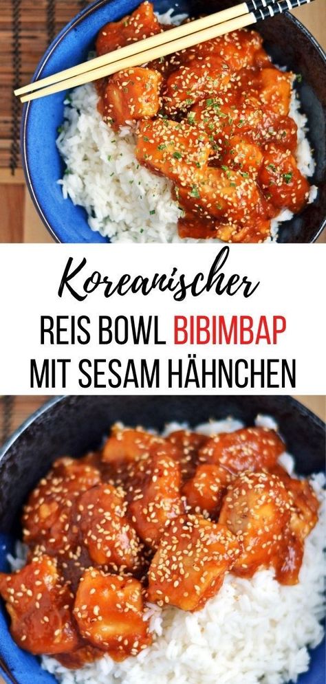 Korean Chicken Bowl Recipe, Korean Sesame Chicken, Korean Authentic Recipes, Korean Rice Bowl Chicken, Korean Meals Easy, Bibimbap Chicken, Chicken Bibimbap Recipe, Korean Chicken And Rice, Korean Chicken Bowl