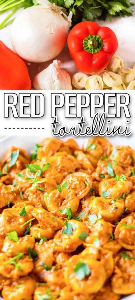 Roasted Red Pepper Tortellini Chicken Tortellini Red Sauce, Red Pepper Tortellini Soup, Red Sauce Tortellini, Roasted Red Pepper Ravioli Soup, Red Pepper Tortellini, Yellow Pepper Recipes, Roasted Red Pepper Tortellini, Cheese Tortellini Recipes, Cheese Tortellini Soup