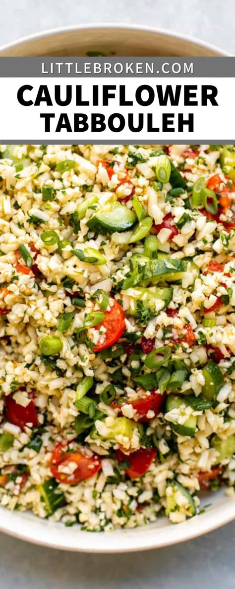 Cauliflower Tabbouleh salad is a delicious Middle Eastern dish that is light and lemony. It’s the perfect low-carb summer salad made with cauliflower rice instead of bulgar. Rice cauliflower tabbouleh is a fantastic low-carb dish that tastes like the Mediterranean with every bite. It’s the perfect side dish for grilled chicken, shrimp, or steak or can be eaten on its own without any added protein as a vegetarian dish. Cauliflower Rice Salad Recipes, Cauliflower Side Dish Recipes, Califlower Recipes Grilled, Riced Cauliflower, Mediterranean Diet Side Dishes, Cauliflower Rice Salad Recipes Cold, Riced Cauliflower Recipes, Mediterranean Side Dishes, Cauliflower Corn Cucumber Salad