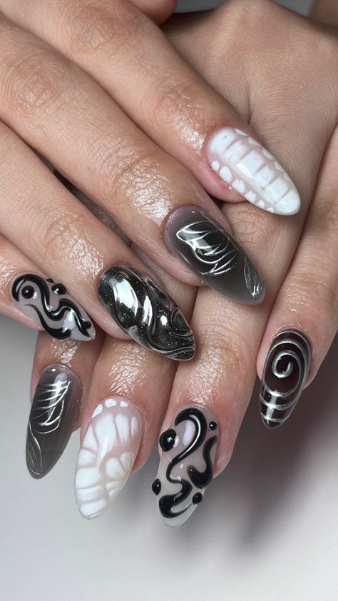 Emo Nails, Black And White Nails, Tap Tap, Edgy Nails, Blush Nails, Chrome Nails, Square Nails, Black And Silver, Swag Nails