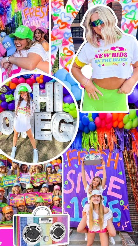 90s Bid Day Theme, Neon Bid Day Theme, New Bids On The Block Bid Day, Neon Bid Day, Bidday Themes, New Bids On The Block, Unique Bid Day Themes, Sorority Recruitment Decorations, Recruitment Decorations