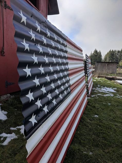 "Love America in a BIG way! 8 ft long. Approximately 50\" tall. Hand painted on old corrugated metal salvaged from a farm. I try to keep the character of the metal and it's original rust, holes, dings and dents intact. * * Distressed ** Wood slats (of reclaimed lumber) on the back for stability. Hanging wire. These large flags are made to order and take 2 - 4 weeks." Repurposing Antiques, Corrugated Metal Projects, Diy Corrugated Metal Projects, Crafts With Corrugated Metal, Flag Pole Ideas, American Flag Outdoor Decor, Rustic Patio Decorating Ideas, Mancave Decor Ideas, American Flags On Houses