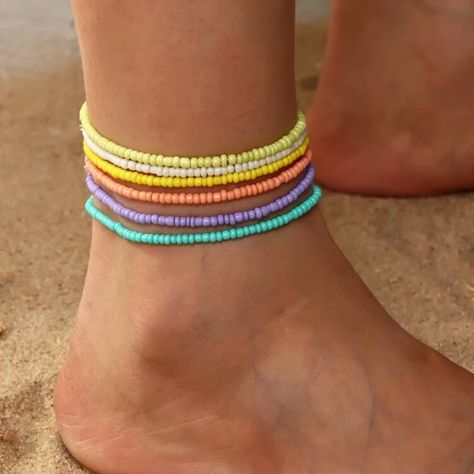 Anklet Set, Korean Accessories, Summer Fashion Beach, Rice Bead, Beaded Anklets, Foot Jewelry, Anklet Jewelry, Bracelet Designs, Delicate Bracelet