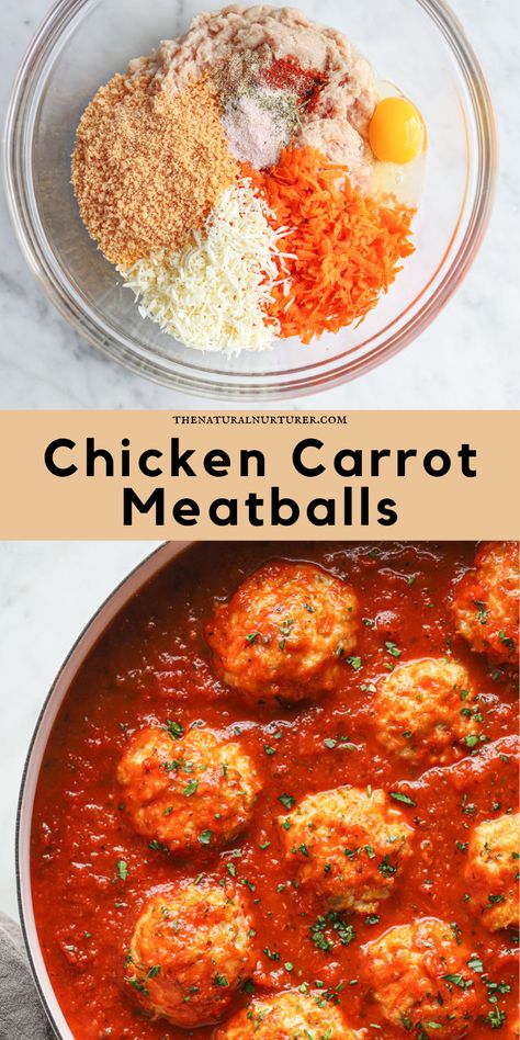 These Chicken Carrot Meatballs are easy to make, full of flavor and the perfect veggie-loaded protein to add to dinner. #veggieloaded Meatballs With Carrots, Chicken And Veggie Meatballs, Hidden Chicken Recipes, Blw Protein Recipes, Carrot Recipes For Toddlers, Sneaky Veggie Recipes, Hidden Veggies Recipes, Healthy Meatball Dinner, Food For One Year Old