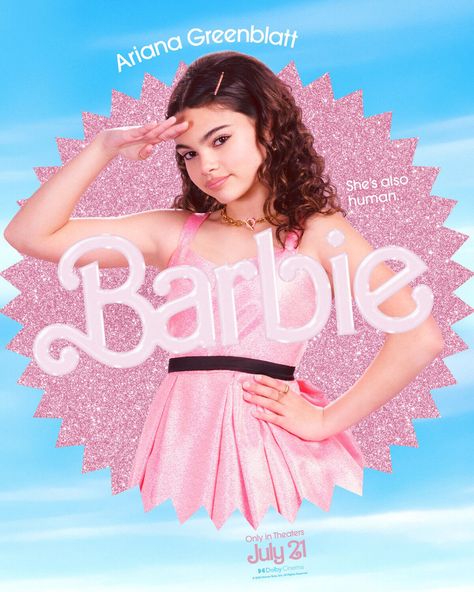 Barbie Movie 2023 | Ariana Greenblatt “She’s Human”… Taking on the role of ‘Sasha’, Greenblatt plays the human daughter of America Ferrera aka “Gloria” and visits BarbieLand. | IRL she is 15 years old. Greta Gerwig Barbie, Barbie Movie 2023, Movie Character Posters, Barbie Land, Barbie Y Ken, Hari Nef, Hulk Character, Scott Evans, Barbie 2023