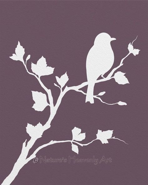 Tree Stencil For Wall, Silhouette Leaves, Wall Art Purple, Bird Stencil, Tree Stencil, Pottery Painting Designs, Spring Tree, Modern Art Print, Bird Silhouette