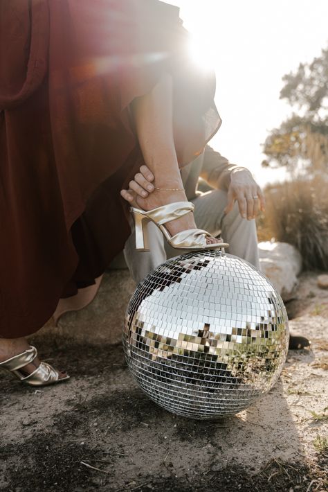 Photos With Disco Ball, Disco Ball Couples Photoshoot, Disco Ball Engagement Photos, Disco Engagement Photos, Disco Couple, Nye Photoshoot, Corporate Photoshoot, Moorpark California, Disco Cowboy