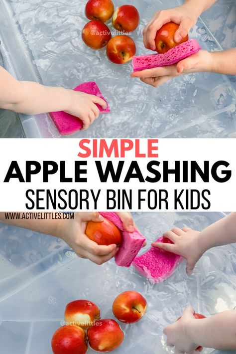 Simple Apple Washing Sensory Bin - Active Littles Activities With Apples For Preschoolers, Sensory Fall Activities Preschool, September Sensory Bin Preschool, Apple Theme Week Preschool, September Baby Activities, Apple Activities For Babies, Apples Activities For Toddlers, Harvest Food Activities For Preschool, Fall Theme Activities For Toddlers