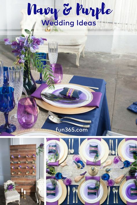 We are loving this wedding color combination of navy and purple! See how @fernandmaple styled this DIY wedding tablescape. #wedding #weddinginspiration #weddingplanning Navy And Purple Wedding, Gold Wedding Decorations Receptions, Wedding Table Decorations Purple, Turquoise Wedding Decorations, Purple Wedding Tables, Gold Table Decorations, Vintage Table Decorations, Fall Wedding Table Decor, Wedding Cake Table Decorations