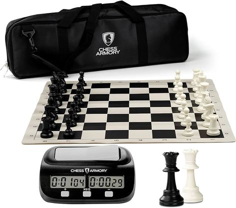 Chess Armory Deluxe Large Chess Set with Vinyl Roll Up Chess Board, Chess Clock & Carrying Bag - Tournament Chess Set w/ Weighted Chess Pieces - Play Chess Anywhere w/ Chess Armory Outdoor Chess Set!, Board Games - Amazon Canada Outdoor Chess, Portable Chess Set, Chess Clock, Large Chess Set, Chess Tournament, Chess Board Set, Vinyl Board, Vinyl Roll, Play Chess