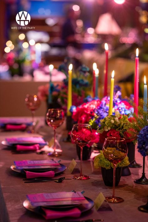 Neon Dinner Party, 80s Dinner Party Table Settings, Bright Centerpieces Candle, Dinner Candles Bundle, Dinner Party Candlelight, Dinner Party Flowers And Candles, Marilyn Melo, Gold Silverware, Neon Flowers