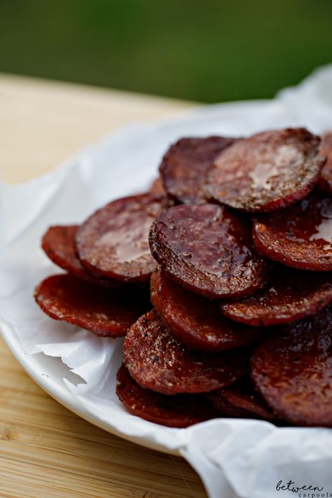 Salami Chips are the Next Big Craze | Between Carpools 1 Salami Chips Baked, Salami Chips, Pepperoni Chips, Creamed Potatoes, Beef Jerky, Baking Sheets, Spice Mixes, Favorite Food, Finger Food