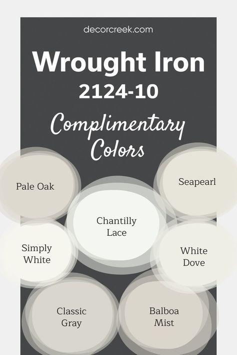 Wrought Iron by Benjamin Moore is a deep, sophisticated shade that pairs well with light and neutral tones. Chantilly Lace, White Dove, and Simply White provide a crisp contrast, while Pale Oak and Classic Gray introduce subtle warmth. Balboa Mist and Sea Pearl offer gentle neutrals for balance. This refined palette creates a modern, elegant look suitable for any room. Pale Oak Benjamin Moore, Chantilly Lace Benjamin Moore, White Dove Benjamin Moore, Wrought Iron Paint, Balboa Mist, Pale Oak, Benjamin Moore White, Trim Colors, Neutral Paint Colors