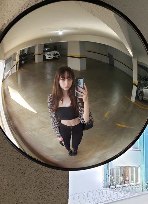 Traffic Mirror Aesthetic, Traffic Mirror Selfie, Person Looking In Mirror Reference, Convex Mirror Selfie, Mirror Selfie Drawing, Aesthetic Places Background, Warped Perspective, Car Mirror Selfie, Traffic Mirrors