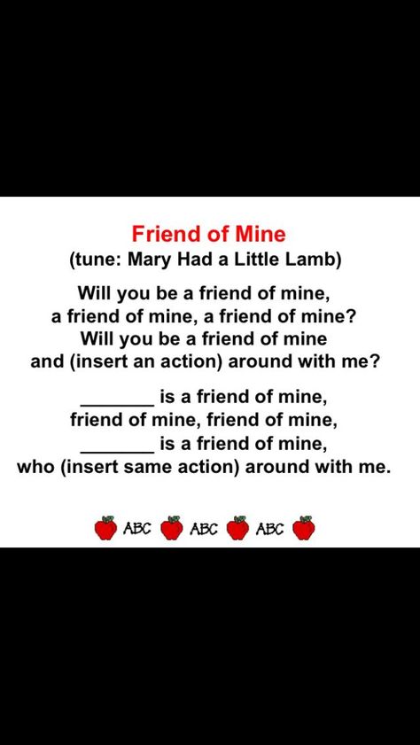 "Friend of Mine" song... Perfect for back to school or friendship units. Friendship Song Preschool, Friendship Music And Movement Preschool, Friends Week Preschool, Friendship Fingerplays, Friendship Songs Preschool, Friendship Theme For Toddlers, Friendship Unit Preschool, Friendship Lesson Plans For Toddlers, Friendship Preschool Theme