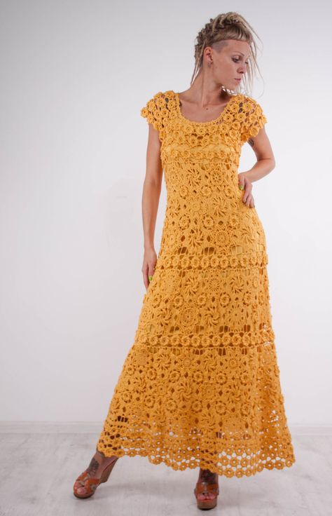 Crochet maxi dress handmade maxi dress Crochet yellow lacy dress Handmade… Beachwear Crochet, Yellow Linen Dress, Maxi Dress Crochet, Crochet Beachwear, Crochet Yellow, Yellow Clothes, Mode Crochet, Crochet Maxi Dress, Crochet Maxi