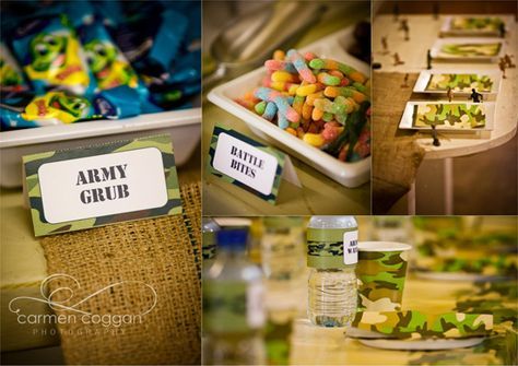 decorations for boot camp | As well as the Buffet Food labels from my Army printables ... Army Party Food, Army Birthday Party Ideas, Army Party Decorations, Camouflage Birthday Party, Army Birthday Party, Soldier Party, Paintball Birthday, Camouflage Party, Army Birthday Parties