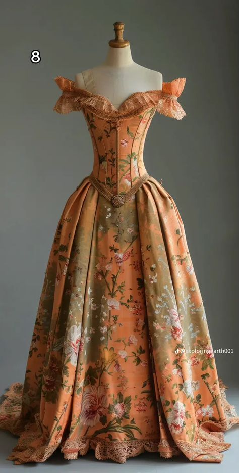 Orange Victorian Aesthetic, Ball Gown Fantasy Royal, Royal Dresses Princesses Gowns, Beautiful Ball Gowns Fairytale, Royal Dresses Princesses, 1700s Dresses, Pretty Gowns, Magical Dress, Fantasy Dresses