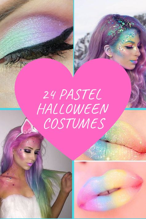 Unicorn Costume Ideas For Women, Make Up For Unicorn Costume, Simple Unicorn Costume Women, Unicorn Costumes For Women, Pastel Halloween Costume Ideas, Pastel Halloween Costume, Easy Unicorn Makeup Halloween, Pastel Witch Costume, Colorful Wig Costume Ideas