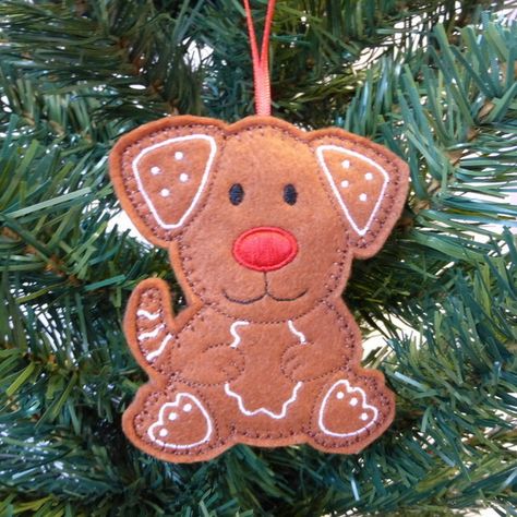 Gingery Brown, Gingerbread Dog, Felt Characters, Folksy Christmas, Crafts Animals, Felt Crafts Christmas, Gingerbread Decorations, Red Bow Tie, Gingham Skirt